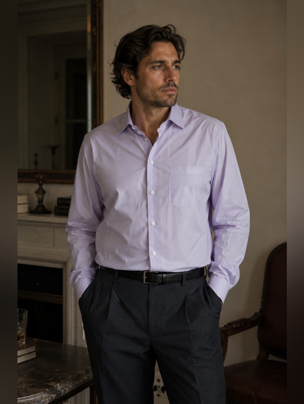 Canali Men's Dress Shirt 47 18.5 Lavender Stripe 100% Cotton Made in Italy
